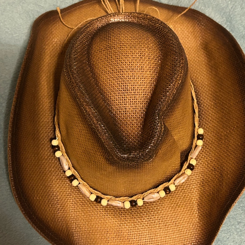 Brown Cowboy Hat with Beaded Band and plastic hat case